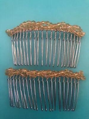 (2) Vintage Topaz Czech Crystal Bead Deco Double-strand Hair Combs • $10.99