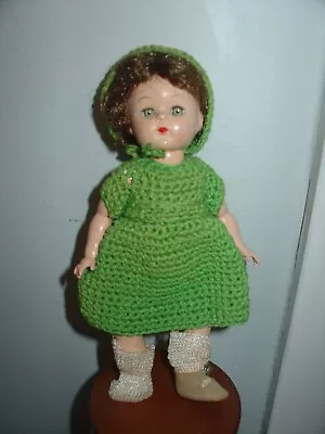 Vintage Vogue Ginger Hard Plastic Walker Doll Brown Hair Crochet Dress & Bonnet • $25