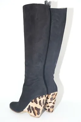 GIUSEPPE ZANOTTI Black Suede Leopard Animal Wedge Knee High Boots Size 37.5 • $199.99