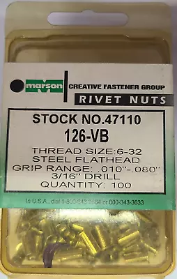 Marson Steel Flathead Rivet Nuts Poly-Nut 6-32 Qty 100 47110 126-VB • $14.99