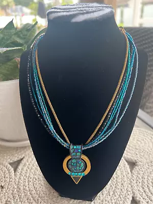 CHICOS Blue Enamel & Rhinestone Seed Bead Multi Strand Pendant Necklace • $14