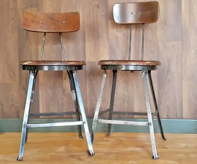 Pair(2) Vintage Industrial Factory Stools Real Wood Back & Seat • $249