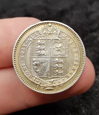 1887 British English Queen & Empress Victoria Sterling Silver Shilling Coin • £25