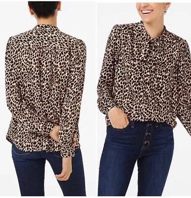 J. Crew Leopard Print Chiffon Tie Neck Button Front Blouse Shirt Top Size Small • $30