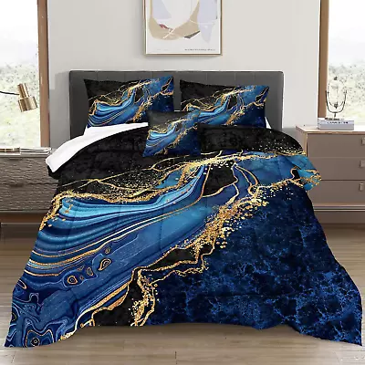 Black Gold Comforter Set Queen Size Blue Marble Bedding Comforter Ocean Blue Riv • £138.17