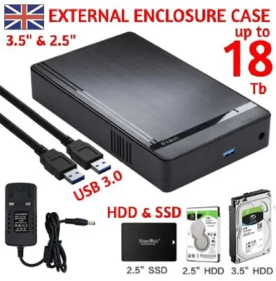 18TB USB3.0 2.5  3.5  SATA HDD External Hard Drive Disk Enclosure Case UK • £15.99