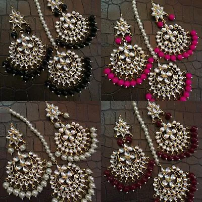 Bollywood Indian Kundan Jewelry Gold Plated Set Tikka Earrings Bridal Pearl • $29.67