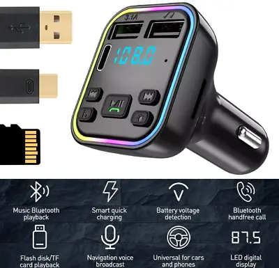 Car Wireless 5.0 Bluetooth FM Transmitter MP3 USB TYPE - C PD Charger Adapter • £7.64