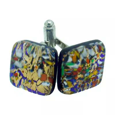 Murano Glass Cufflinks Pair Square Gold Multi Millefiori Venice Wedding • £16.95