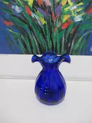 Art Glass Vase Cobalt Blue Wave Rim • $38.95