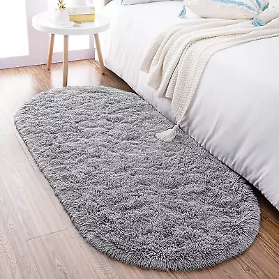 Ultra Soft Fluffy Bedroom Rugs Shaggy Grey  2.6' X 5.3' Non Slip Oval Throw Rugs • $30.86