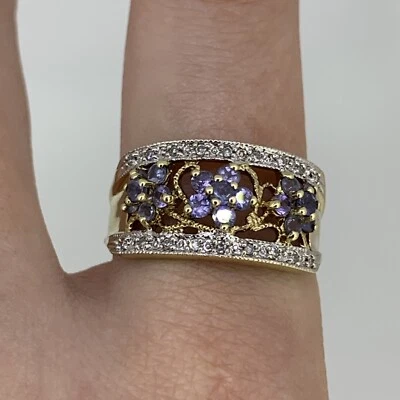 £160 • Buy Tanzanite & Diamond Flower Ornate Ring 9ct Yellow Gold - Size S