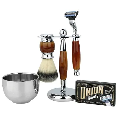 Shave Set Shaving Brush Razor Bowl Stand Replacement Blades Kit Set Of 5 • $29.98