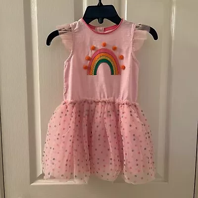 Mud Pie Pink Rainbow Applique Mesh Tulle Dress Pom Pom Girls Size M 2T-3T NWT • $29.99