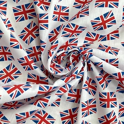 Union Jack Flags Polycotton Dress Craft Fabric Bunting Patchwork Toys 45  WHITE • £3.99