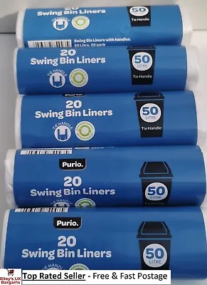 £13.19 • Buy 100 Bags X 50 L Purio Swing Bin Liners With Tie Handle Strong Clear 60cm X 72cm 