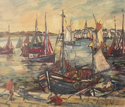 George Hann (1900 - 1979) - Original Oil Painting - Harbour Scene With Boats. • £495