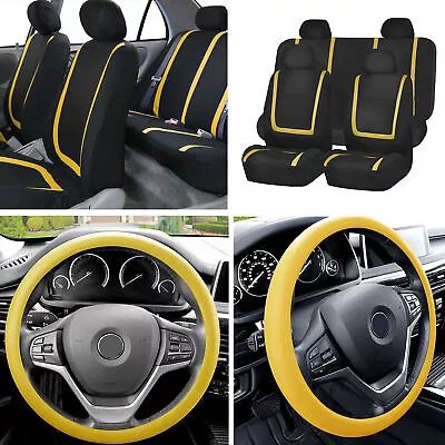 Flat Cloth Car Seat Cover Full Set Yellow W/Silicone Steering Wheel Cover Auto • $42.99