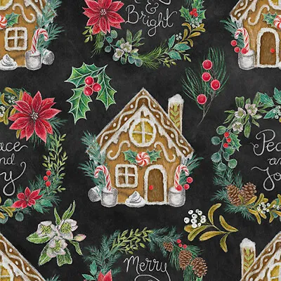 Blank Quilting Mistletoe Magic Giingerbread & Wreaths Black Fabric By The Yard • $12