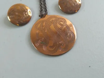 Vintage Copper Earrings & Pendant Necklace Unsigned Shields Scrollwork  • $15.19