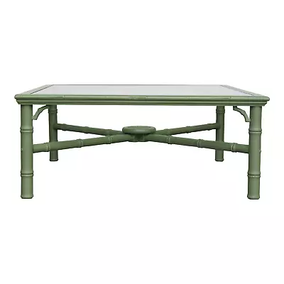 1970's Faux Bamboo Green Coffee Table With Glass Top Green Lane Coffee Table • $725