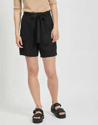 Womens Linen Shorts Size 14 Black High Elastic Waist Tie VILA Safari Ladies • £9.99