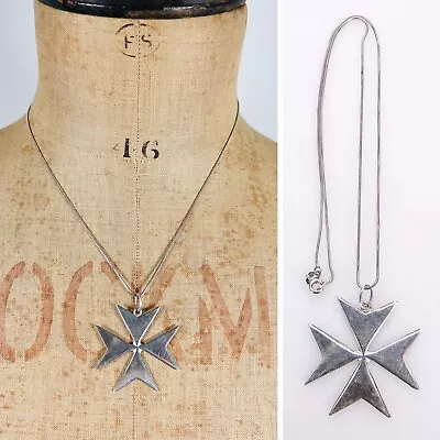 Vtg Solid Silver Maltese Cross Pendant Chain Necklace 1960s-70s Malta Hallmarks • £24.99