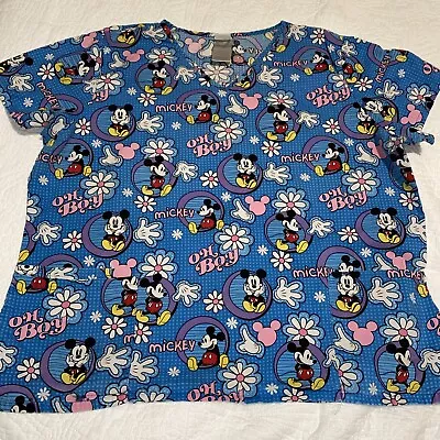 Disney Mickey Mouse Oh Boy!  Blue Medical Scrub Uniform Top Size XL • $8