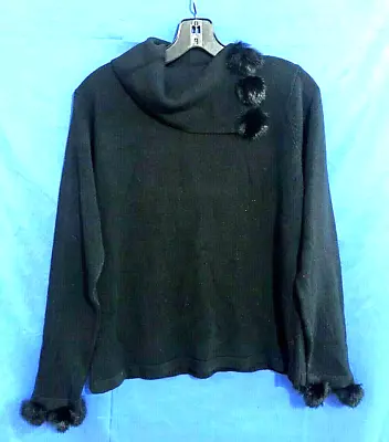 VTG TALLY HO Black Cowl Neck Sweater RABBIT FUR POM POM TRIM Soft Midweight  M • $12.80