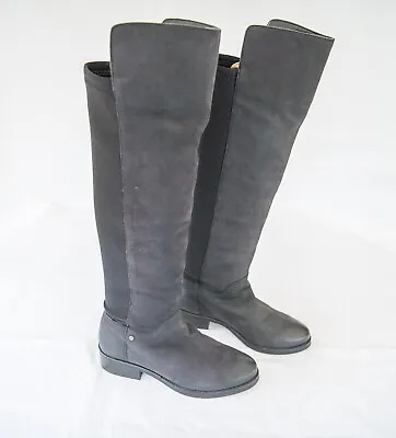 Miss KG Black Leather Over The Knee Boots Stretch Back Panel Flat Heel 5 (38) • £30