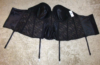 $46 • Buy NWT Va Bien 48C Black Satin & Lace Hourglass Bustier Longline Bra Boning Garters