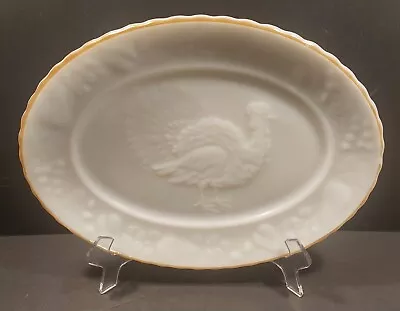 Vintage Turkey Platter Anchor Hocking 15” Milk Glass USA #2390 Gold Trim • $25