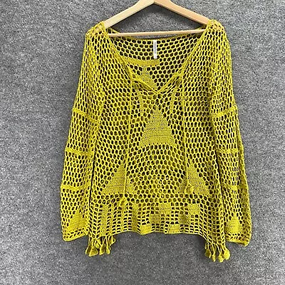 Monoreno Top Women M Medium Yellow Long Sleeve Crochet Tasseled Geometric Casual • $16.18