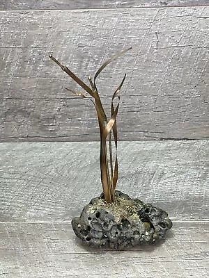 Brutalist Metal Cattails Sculpture On Stone Rock Base MCM - Vintage Estate Find • $28