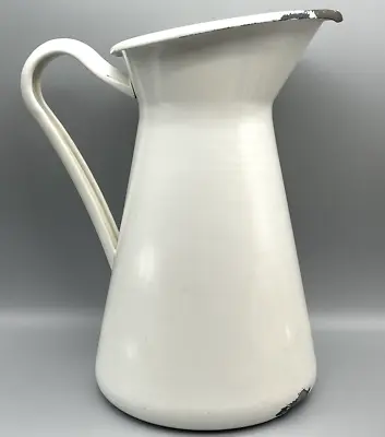 Vintage White Enamelware Pitcher Distressed Rustic Cottage 12  Large Metal Decor • $39.99