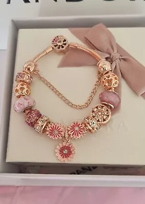 Genuine Rose Gold Pandora Bracelet ALE MET+Rose Gold Charms 19 Cms+Pandora Box  • £84.99