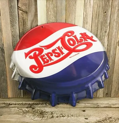 Pepsi Cola Soda Pop Bottle Cap 18  Large Embossed Metal Tin Sign Vintage New • $39.95