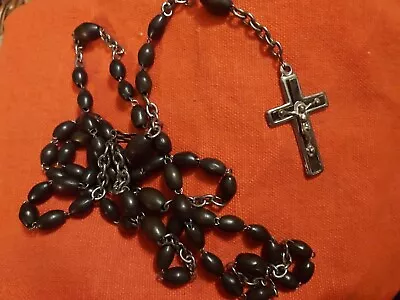 Antique French Rosary Dark Bead Wood Silver Lourdes Stamp Christ Gothic Black • £30