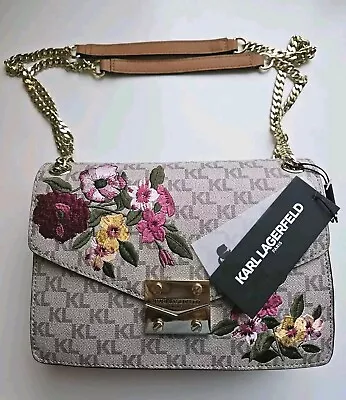 Karl Lagerfeld Paris Embroidered Flowers Crossbody Chain Hand Bag. • $98