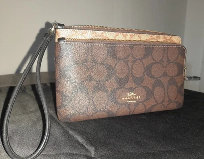 £9.99 • Buy Coach-Double Zip Wallet In Signature Canvas Brown / Black