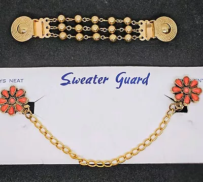 Vintage Sweater Guard Clip Stay Gold Tone Chain Faux Coral Set Of 2 • $11.99