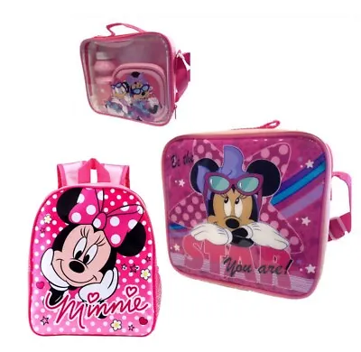 Disney Minnie Mouse 4 Piece Set Backpack & 3Pcs Lunch Bag Kids Girls School • £21.99