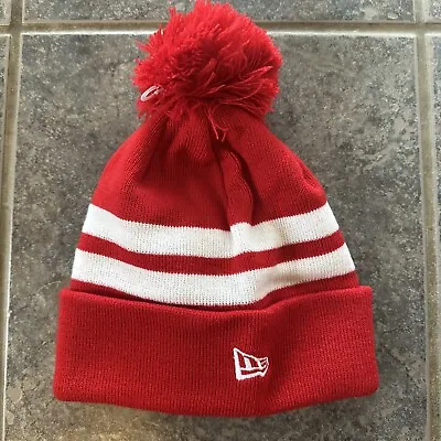 New Era Red & White Striped Beanie One Size Knit Hat With Pom Sports Acrylic • $12.49