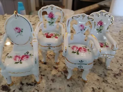 4 Victoria's Garden Porcelain Miniature Chairs With Floral Design Gold Trim 5 ×3 • $23.70