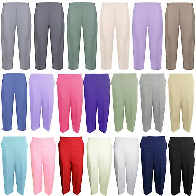 Ladies Cropped Trousers Womens 3/4 Three Quarter Elasticated Capri Crop Pants • £8.99