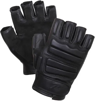 Black Leather Fingerless Padded Gloves Tactical Foam Military With Suede Palms • $29.99