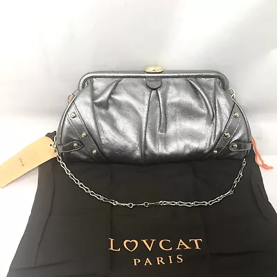 Lovcat Paris Silver Gray Metallic Leather Bag Clutch Detachable Chain Strap NEW • $40