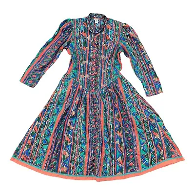 ADINI 100% Cotton Vintage Indian Drop Waist Shirt Dress Long Sleeve M Pockets • $69.95