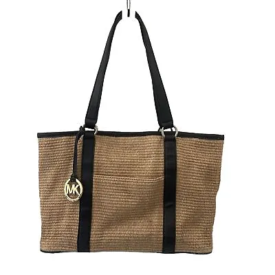 Michael Kors Tote Bag Beach Beige Straw Bag Shoulder Bag Black Leather Straps • $30