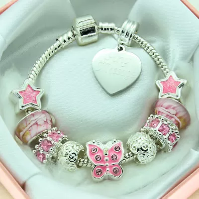 Girls ENGRAVED Bracelet Pink Butterfly Charms Personalised Jewellery Gifts • £12.99